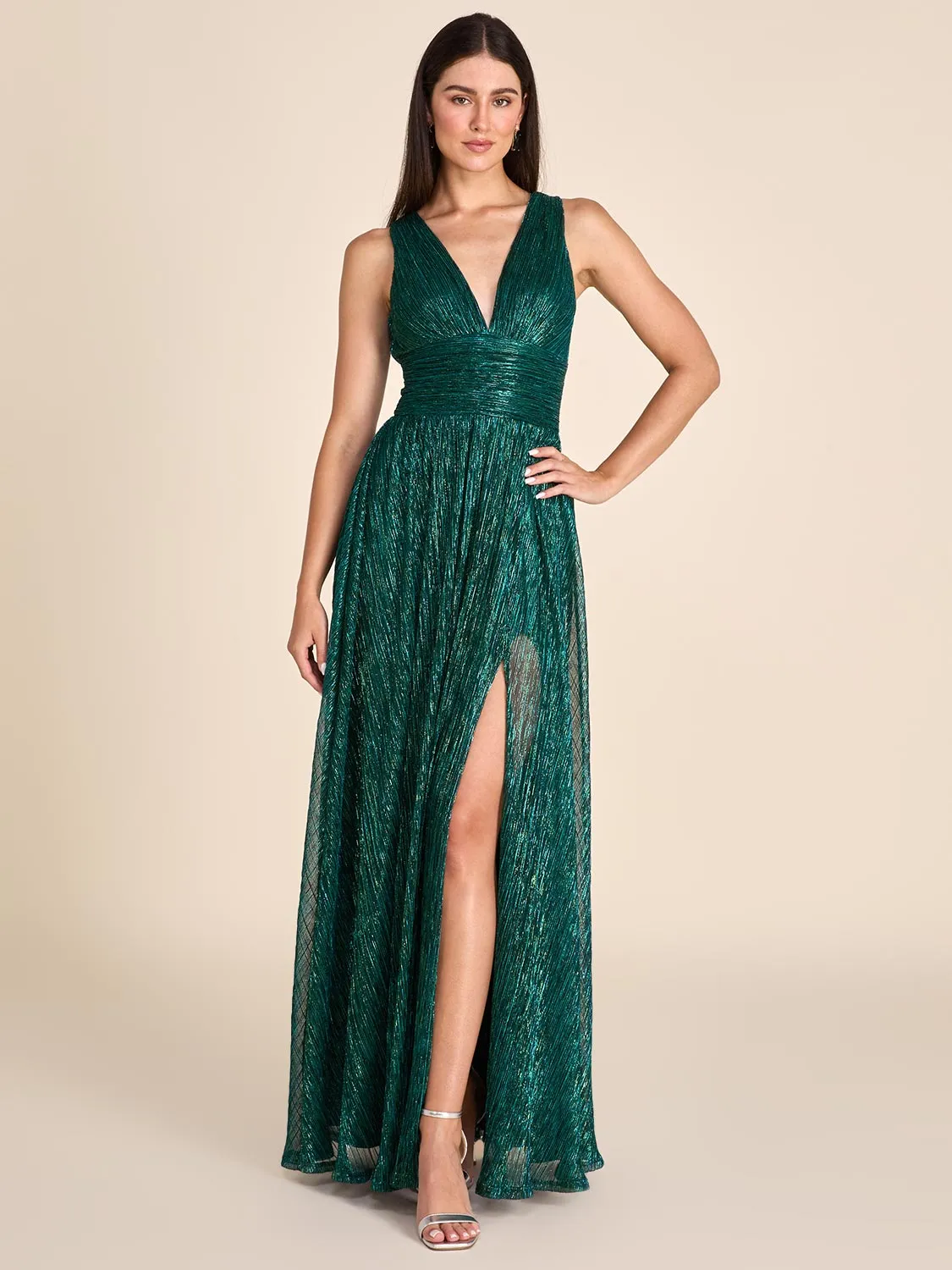 V-Neck Metallic Crinkle Knit Gown sold by Suzy Shier
