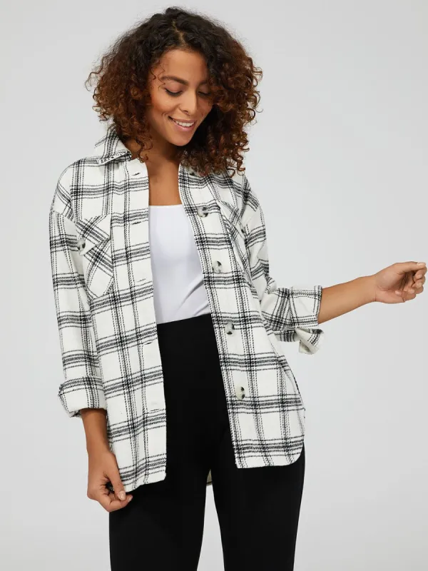 Plaid Button-Down Shacket sold by Suzy Shier