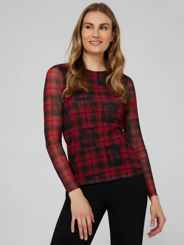 Floral Plaid Sheer Mesh Crew Neck Top sold by Suzy Shier