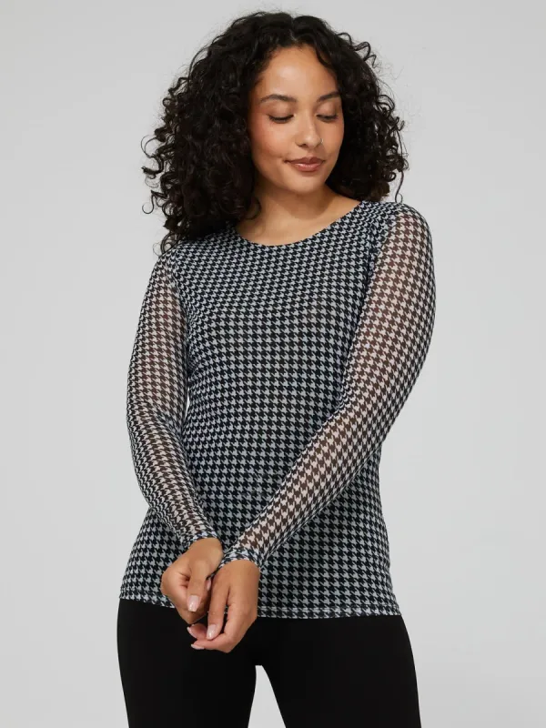 Houndstooth Sheer Mesh Crew Neck Top sold by Suzy Shier