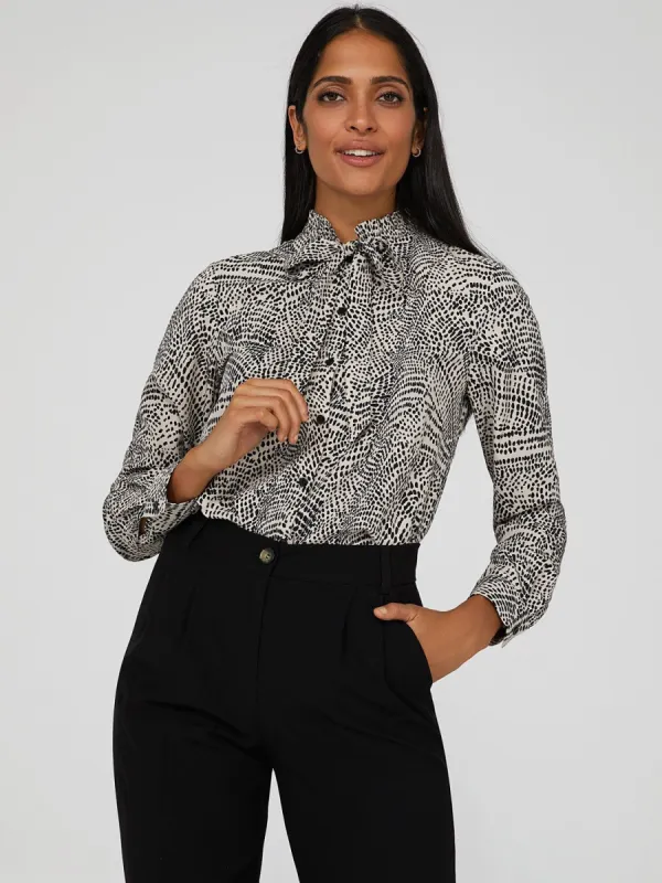 Printed Ruffle Trim Button-Down Blouse sold by Suzy Shier