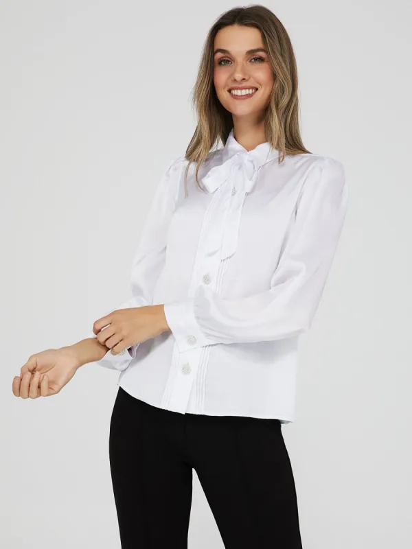 Satin Jewel Button Bow Neck Blouse made by Suzy Shier