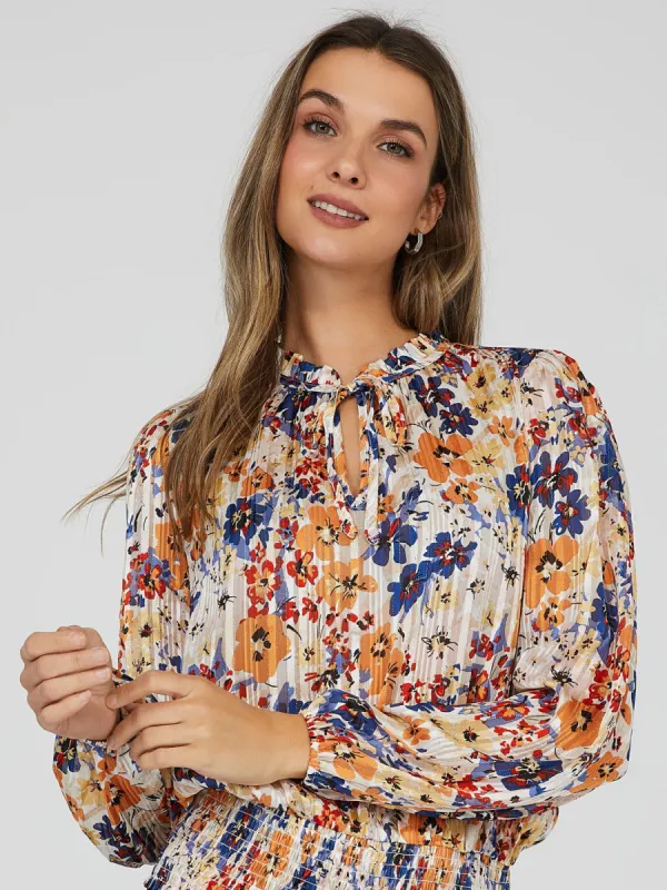 Printed Tie Neck Ruffle Trim Blouse sold by Suzy Shier