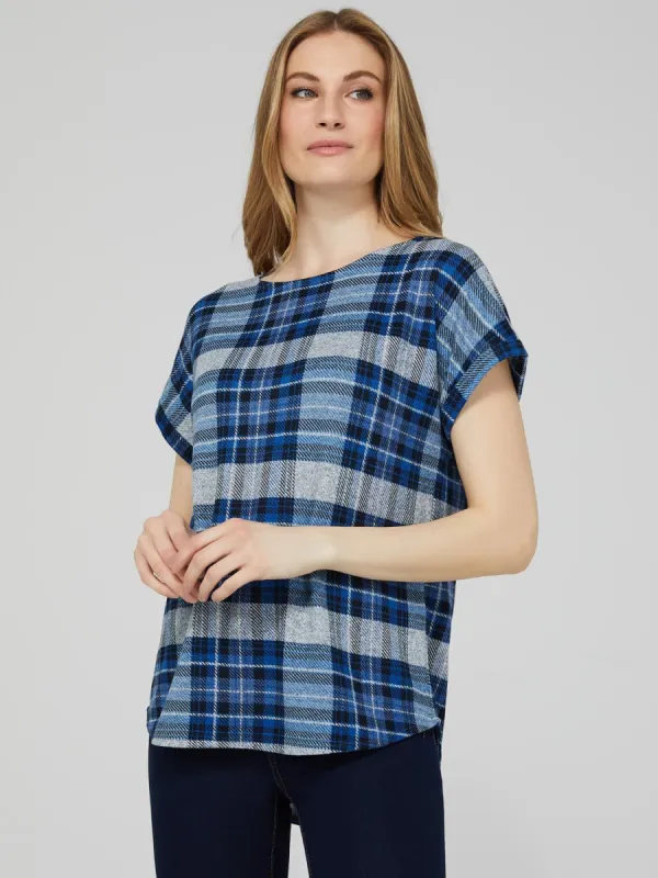 Plaid Cuffed Dolman Sleeve T-Shirt With Rounded Hem sold by Suzy Shier