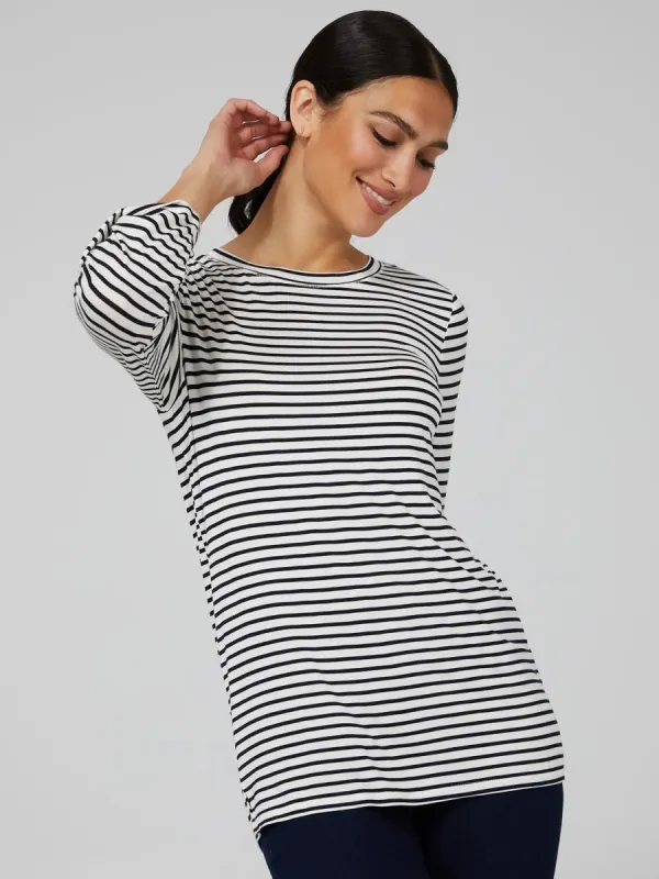 Striped 3/4 Rolled Sleeve Round Neck Top sold by Suzy Shier