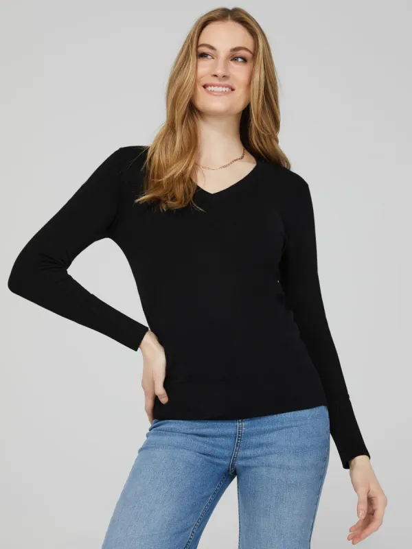 V-Neck Long Sleeve Sweater With Ribbed Cuffs sold by Suzy Shier