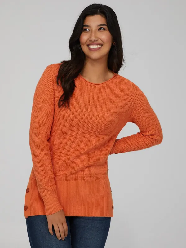 Waffle Knit Side Button Sweater sold by Suzy Shier