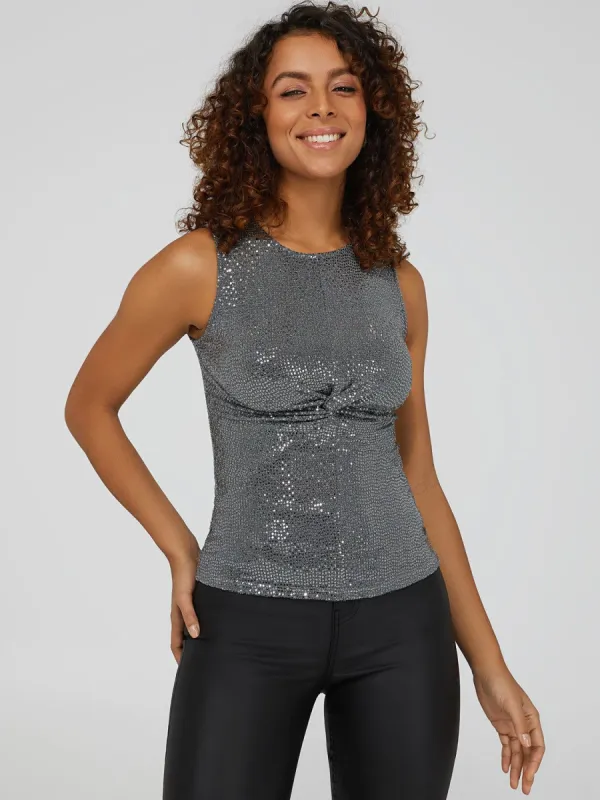 Glitter Knit Sleeveless Knot Front Top sold by Suzy Shier