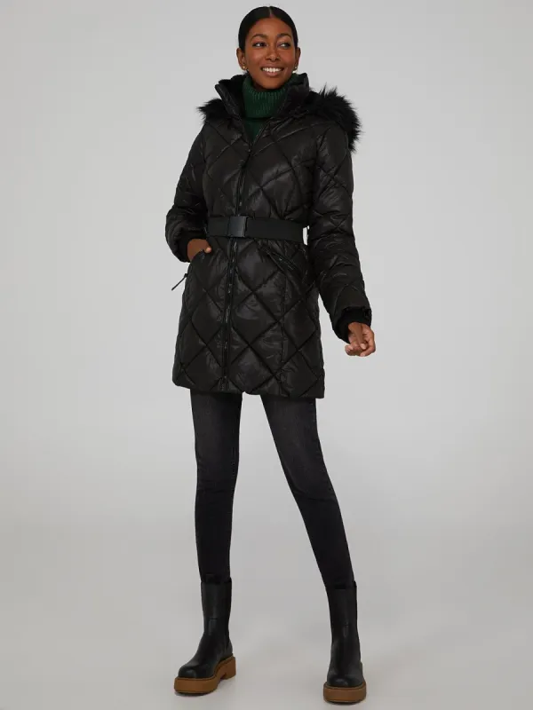 Diamond Quilted Fur Trimmed Puffer Coat sold by Suzy Shier