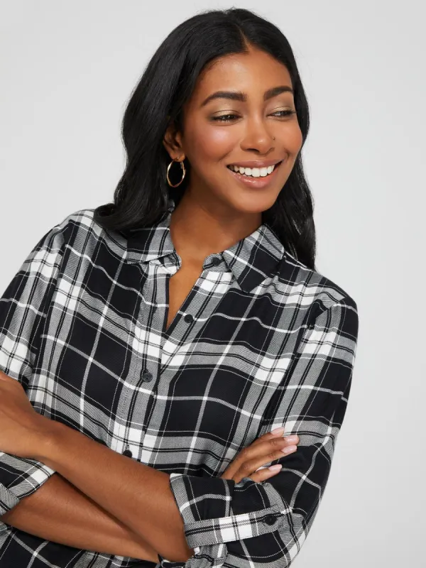 Plaid Long Sleeve Button-Front Blouse sold by Suzy Shier