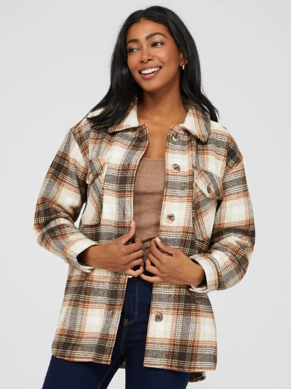 Short Plaid Shacket With Flap Pockets sold by Suzy Shier
