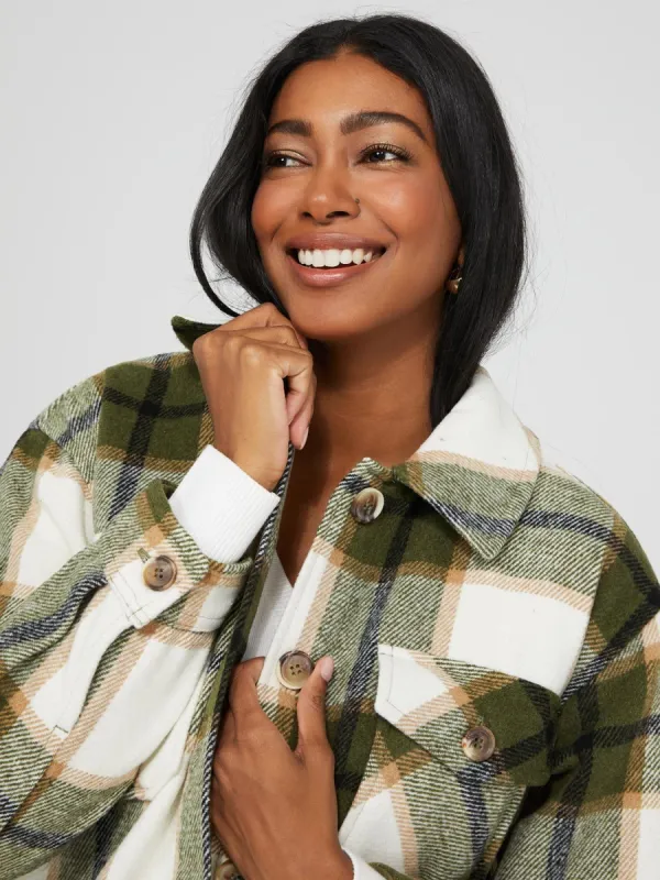 Short Plaid Shacket With Flap Pockets sold by Suzy Shier