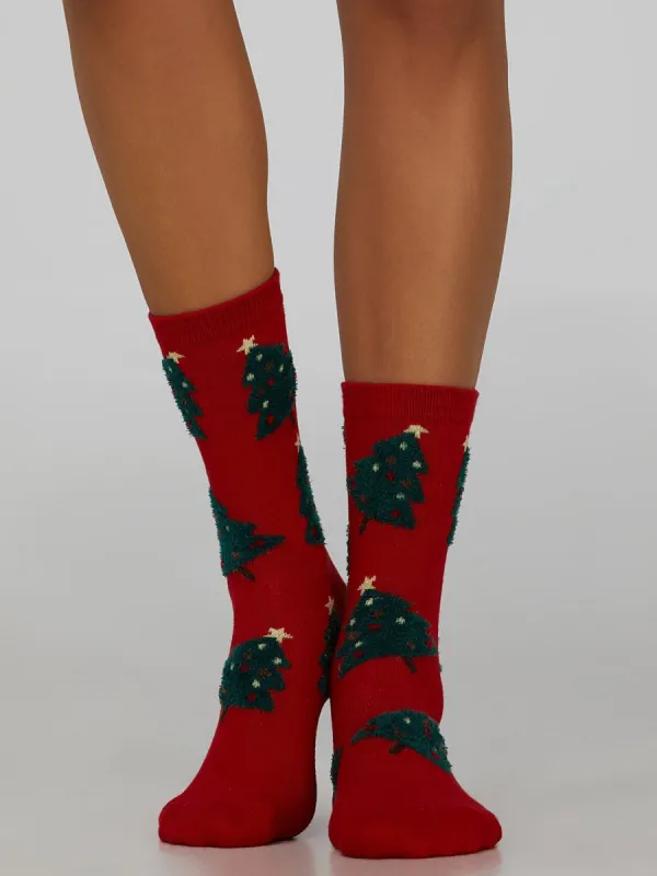 Fuzzy Xmas Tree Print Socks sold by Suzy Shier