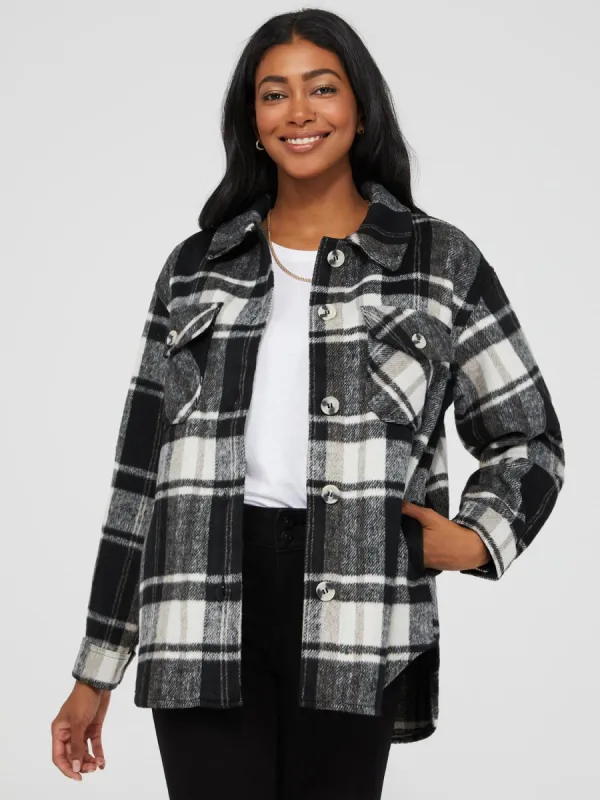 Short Plaid Shacket With Flap Pockets sold by Suzy Shier
