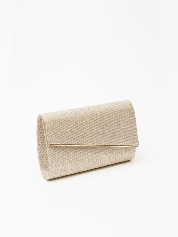 Glitter Mesh Asymmetrical Flapover Clutch With Metal Trim sold by Suzy Shier