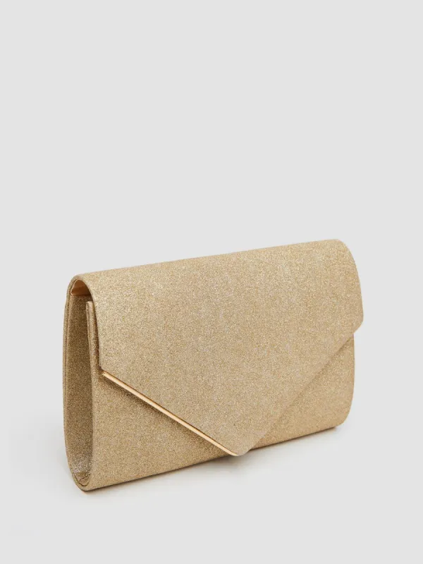 Glitter Flapover Envelope Clutch With Metal Trim sold by Suzy Shier