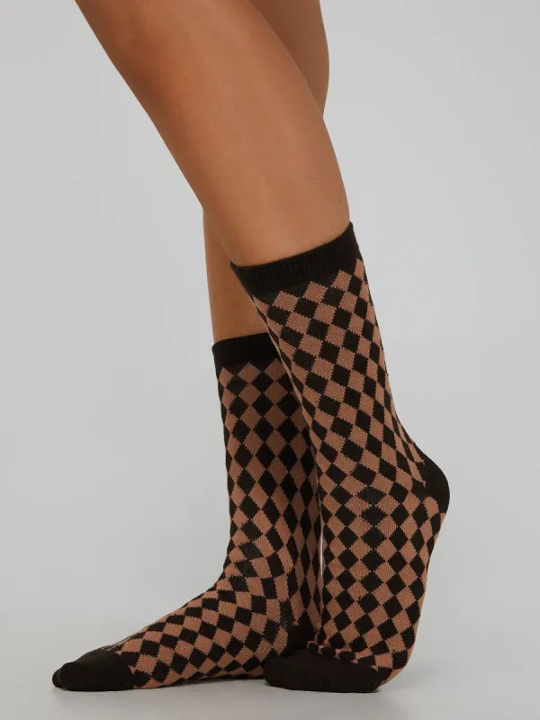 Two-Toned Diamond Print Crew Socks sold by Suzy Shier