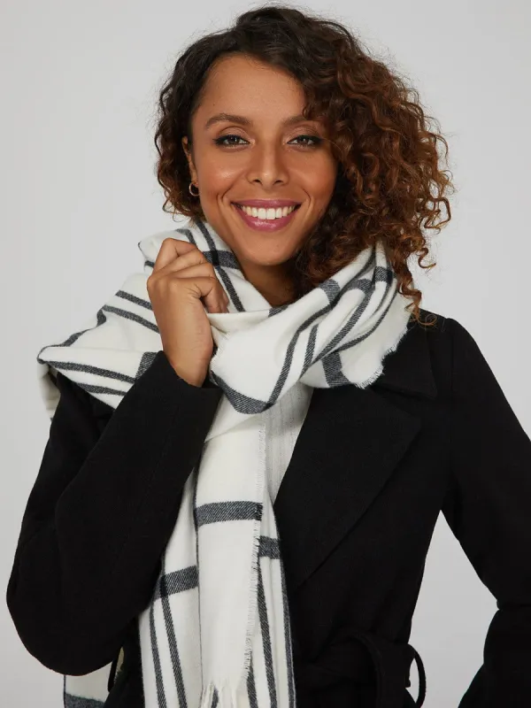 Grid Print Fringe Edge Scarf sold by Suzy Shier