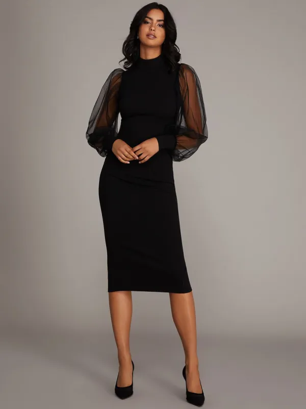 Mock Neck Fitted Midi Dress With Long Mesh Puff Sleeves sold by Suzy Shier