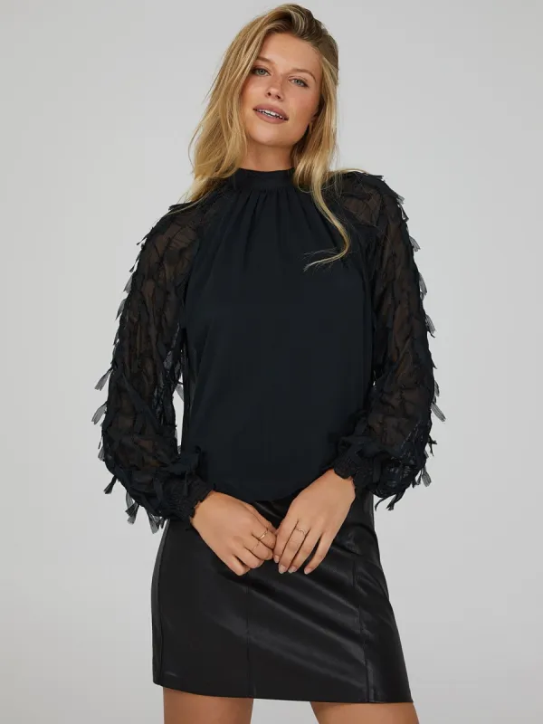 Mock Neck Feathery Fringe Sleeve Blouse sold by Suzy Shier