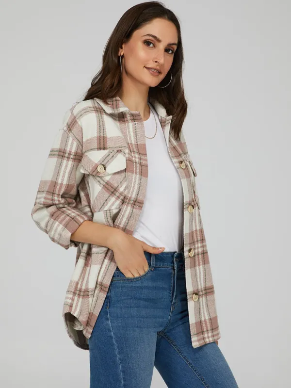 Plaid Button-Down Shacket sold by Suzy Shier