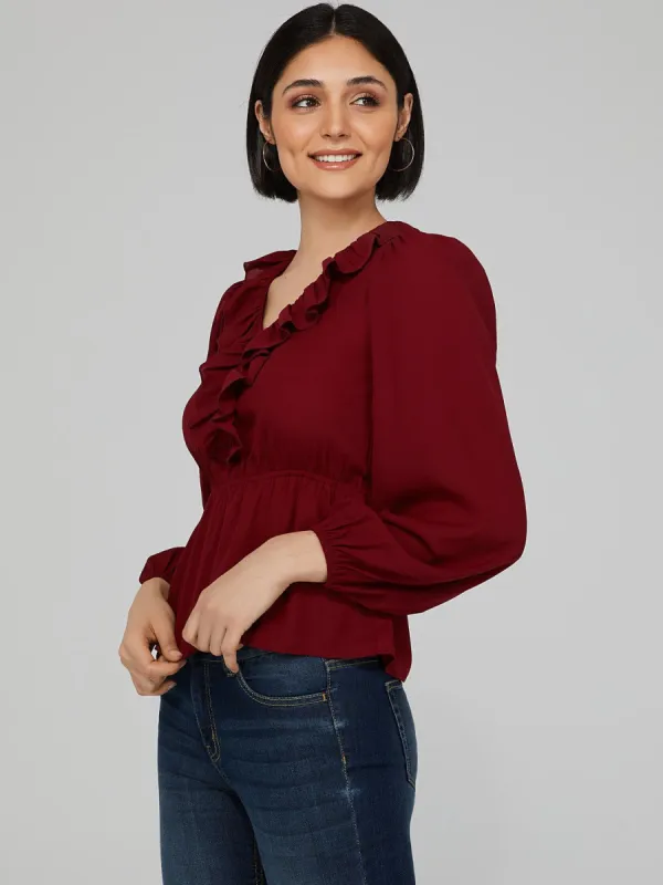 Ruffle V-Neck Peplum Blouse sold by Suzy Shier