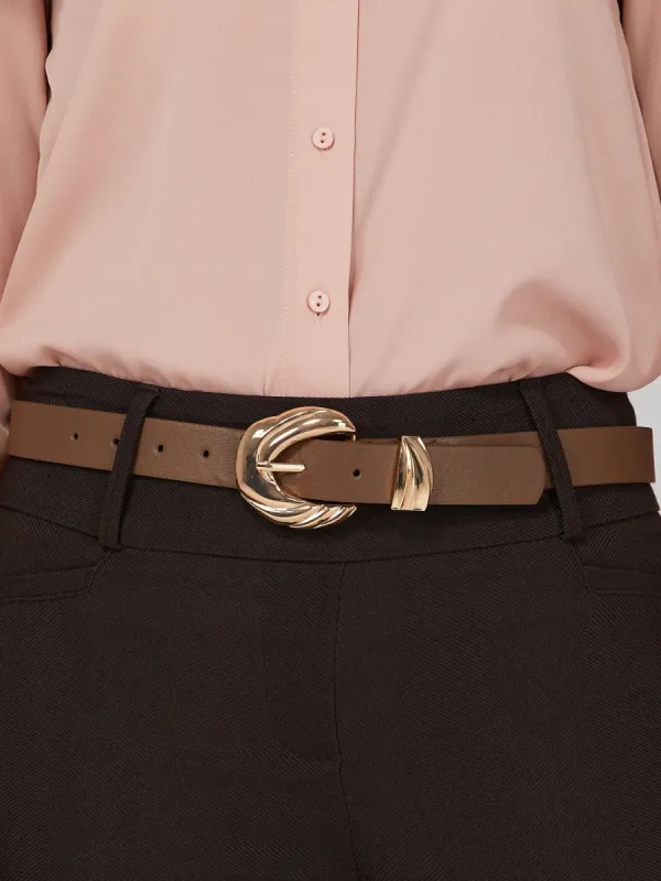 Faux-Leather Carved Buckle Belt sold by Suzy Shier