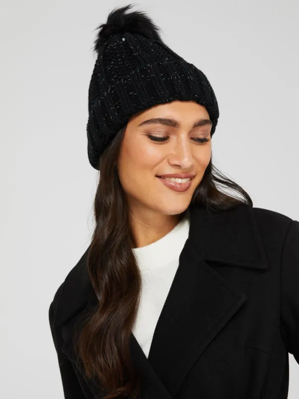 Metallic Beanie With Faux Fur Pom Pom sold by Suzy Shier
