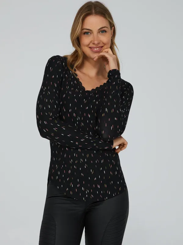 Printed Lace Trim V-Neck Top sold by Suzy Shier