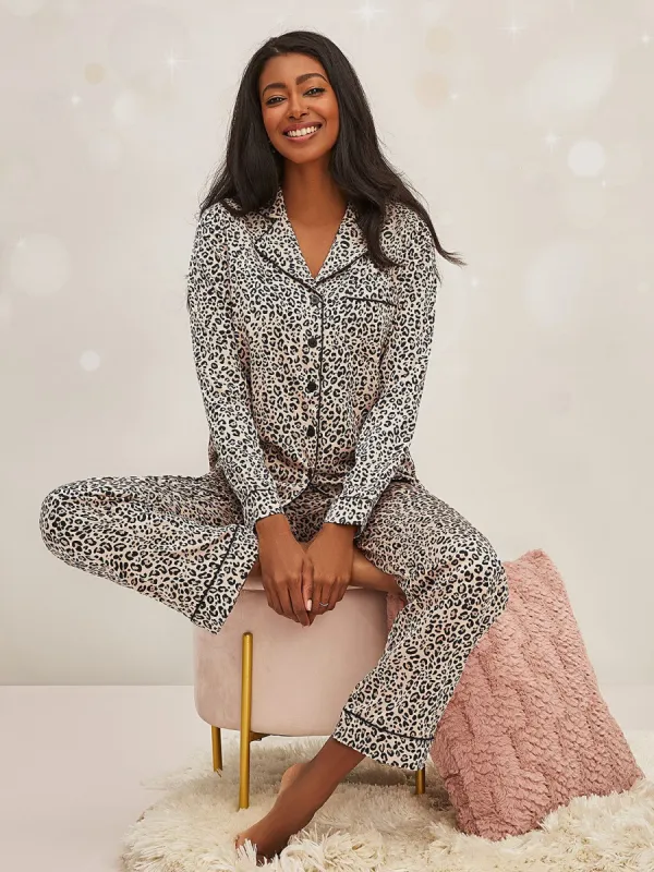 Animal Print Satin Button-Down Pajama Set sold by Suzy Shier