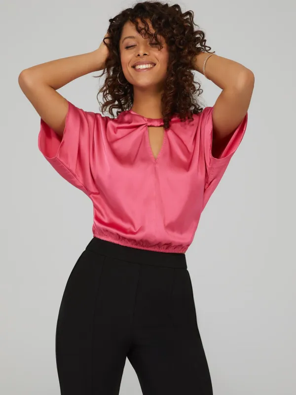 Knot-Front Cut Out Satin Top sold by Suzy Shier