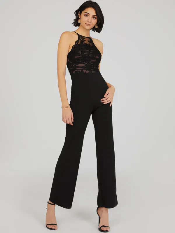 Wide Leg Illusion Mesh Floral Halter Jumpsuit sold by Suzy Shier