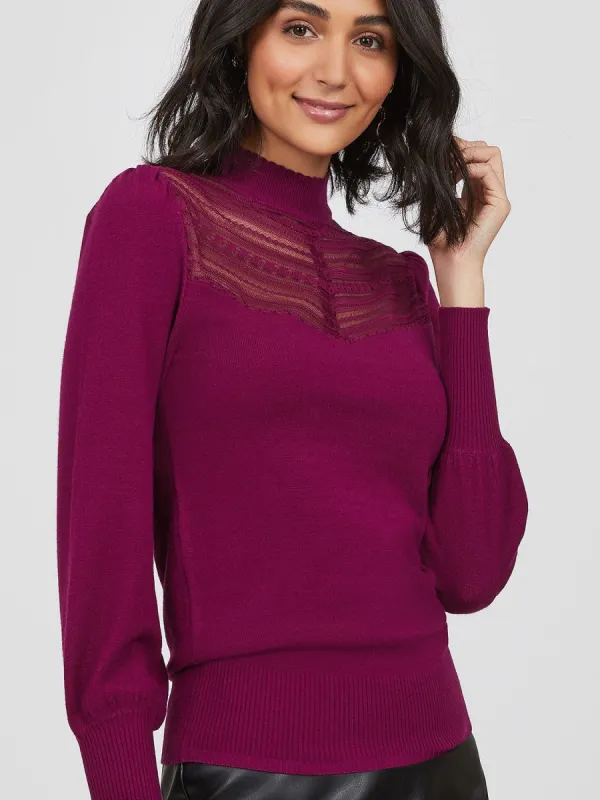 Puff Sleeve Lace Mock Neck Sweater sold by Suzy Shier