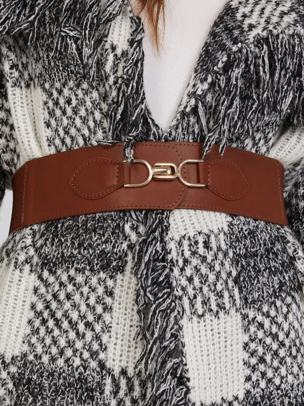 Faux Leather Elastic Waist Double C-Ring Belt sold by Suzy Shier