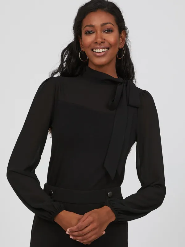 Chiffon Sleeve Mock Neck Side Bow Tie Top sold by Suzy Shier
