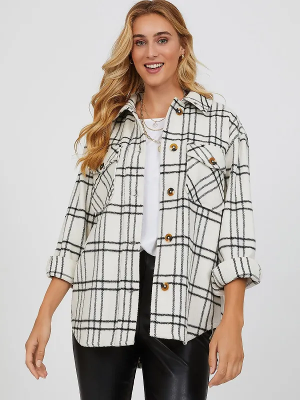 Unlined Button-Down Plaid Shacket sold by Suzy Shier