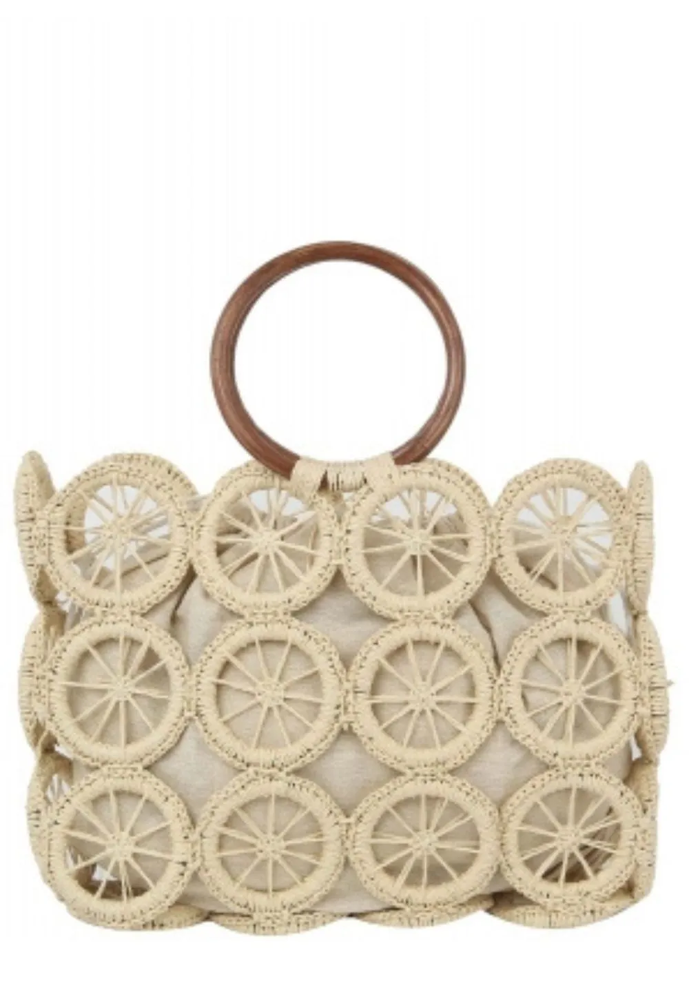 Beige Round Wooden Handle Crochet Straw Tote Handbag sold by SWAK