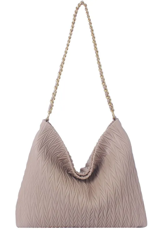 Tan Chevron Embossed Chain Strap Hobo Shoulder Handbag sold by SWAK