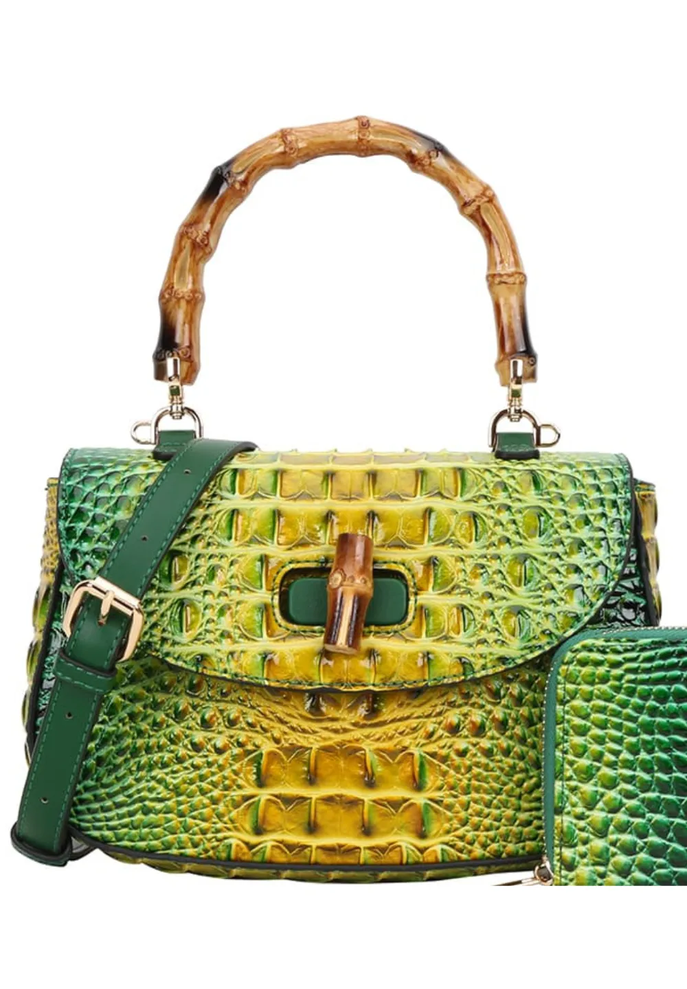 2 in 1 Crocodile Bamboo Handle Tie-dyed Satchel Green sold by SWAK