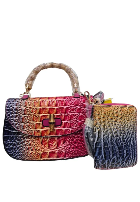 2 in 1 Crocodile Bamboo Handle Tie-dyed Satchel Pink sold by SWAK