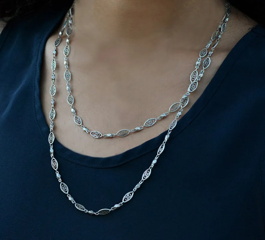 Long silver filigree chain Layering Necklace N1317-SIL made by Sweet Romance