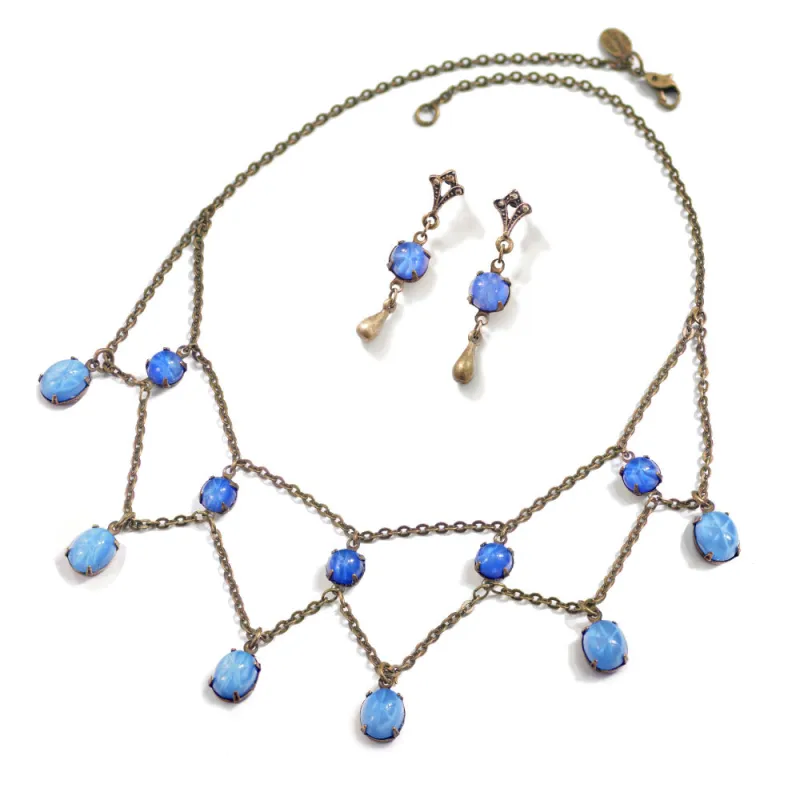 Star Sapphire Vintage Glass Necklace & Earrings Set N320-BL sold by Sweet Romance