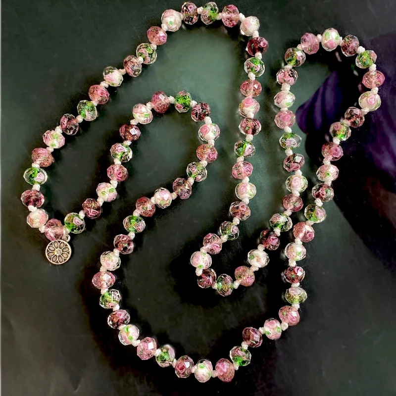 Pink Murano Glass Flower Bead Long Necklace N1460 sold by Sweet Romance