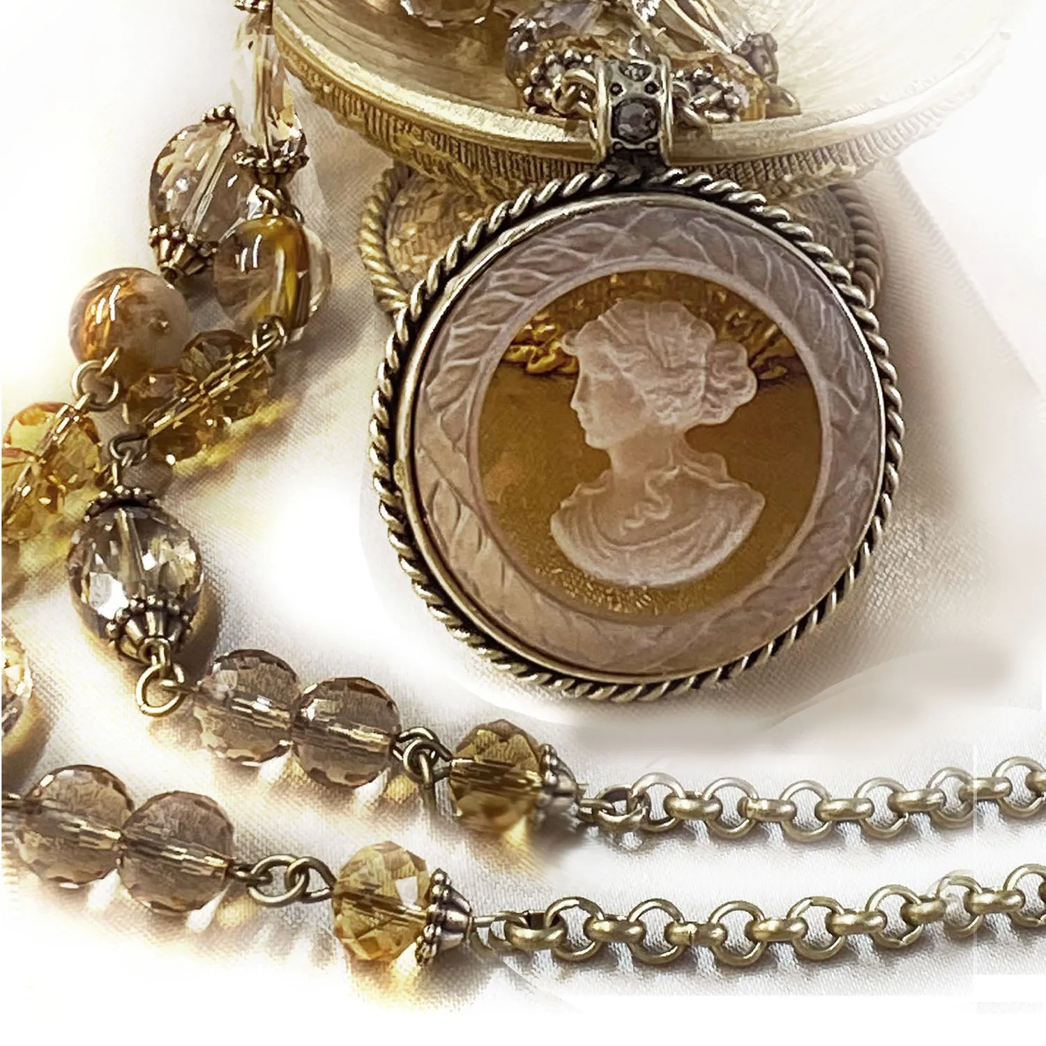 Topaz Intaglio Cameo Agate Bead Necklace N1206 sold by Sweet Romance