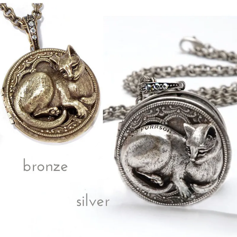 Purrson Cat Locket Necklace in Silver or Bronze sold by Sweet Romance