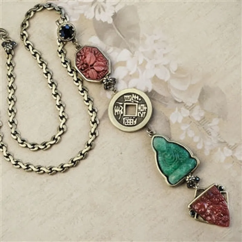 Chinese Jade Glass Buddha Deco Y Necklace N1566 sold by Sweet Romance