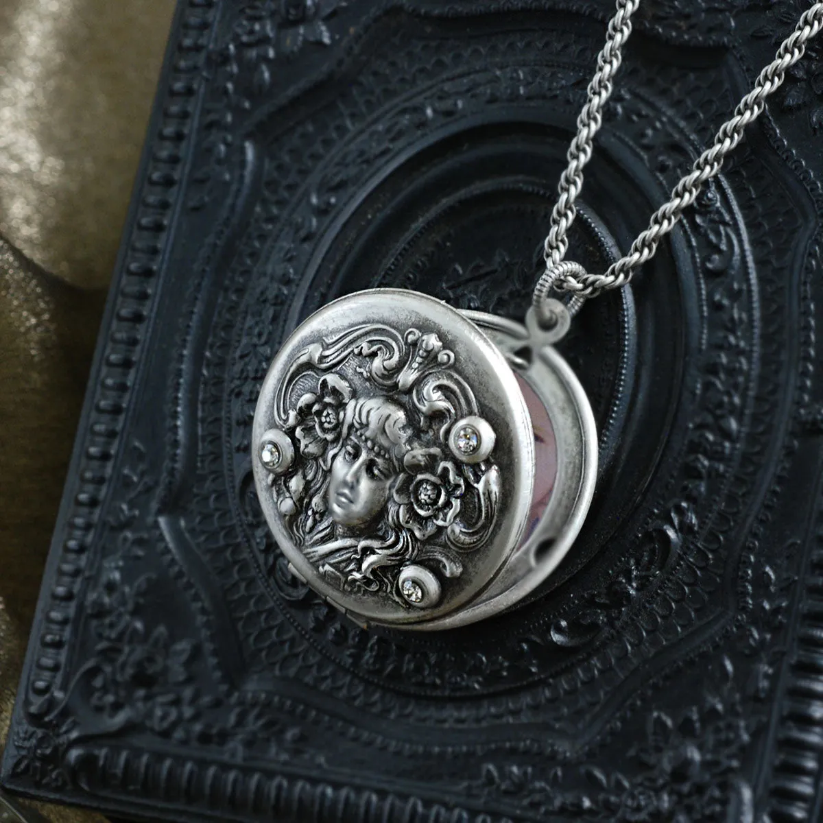 Art Nouveau Silver Locket Necklace N1582 sold by Sweet Romance