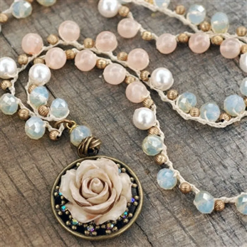 Peach and Pearls Beaded Necklace with Vintage Rose Pendant sold by Sweet Romance