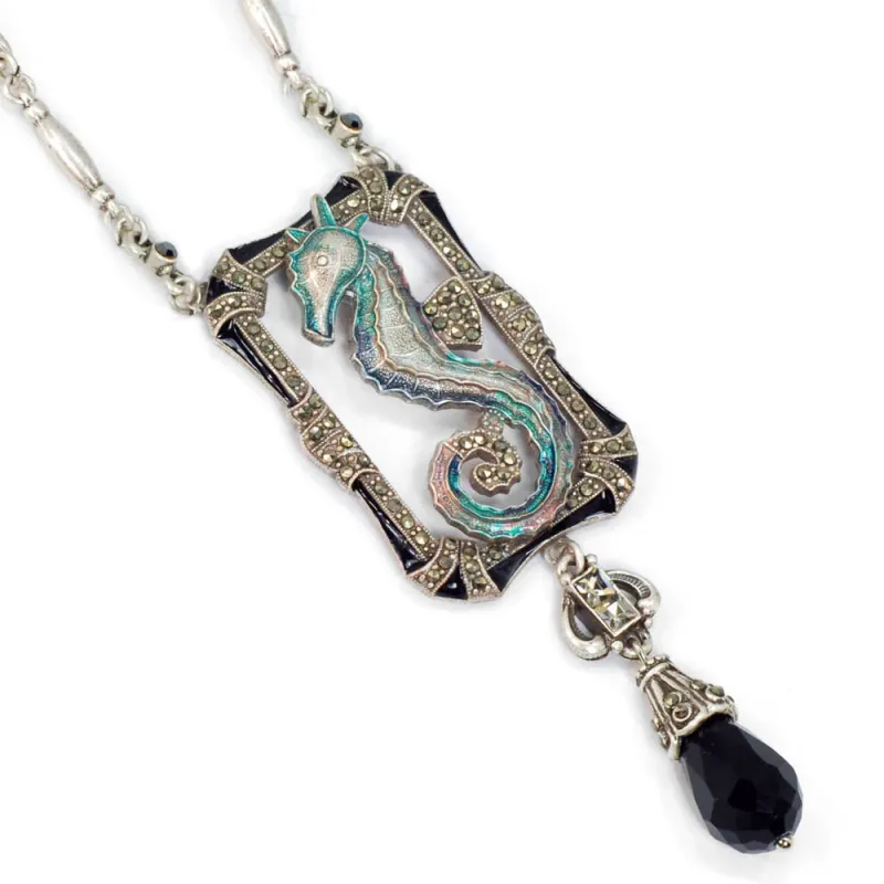 Art Deco Enamel Seahorse Marcasite Necklace N1293 sold by Sweet Romance