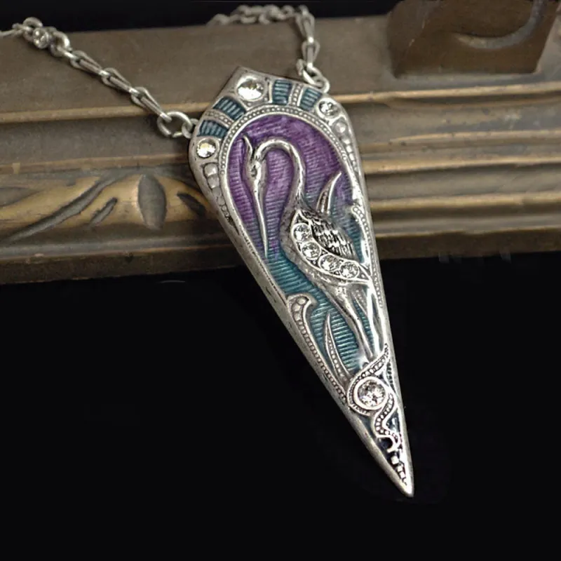 Art Nouveau Enamel Egret Bird Pendant Necklace N1328 made by Sweet Romance